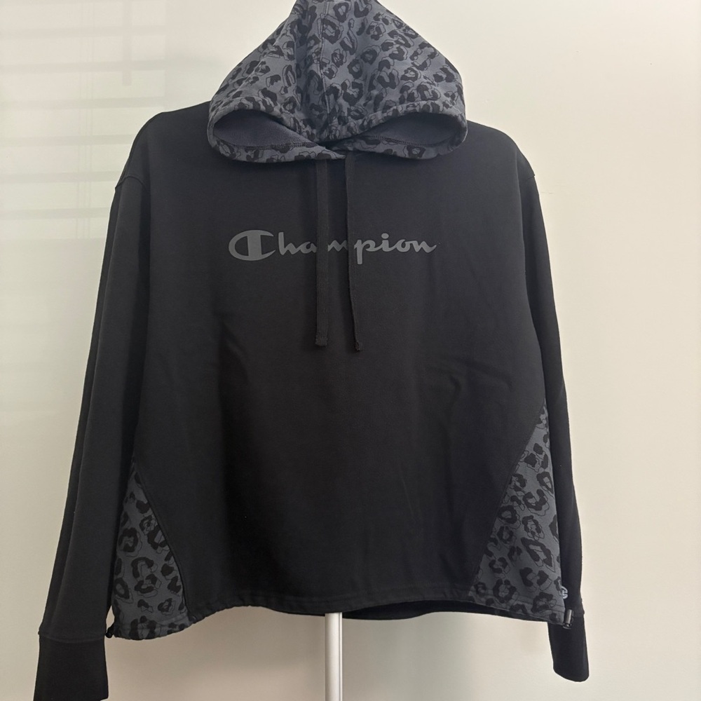 Champion Black Hoodie with Gray Leopard Accents